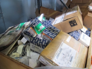 LARGE BOX MISC. ELECTRICAL PARTS TO INCLUDE: CONDUIT BODIES, POWER SUPPLY REGULATORS, PILOT LIGHT INDICATORS, ETC.. LOADING & HANDLING FEE $15-4129